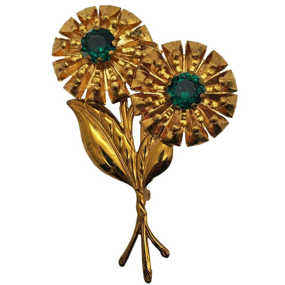 Brooch‎ Flower Gold Tone Green Rhinestone Emerald Mid Century Style Vintage Pin